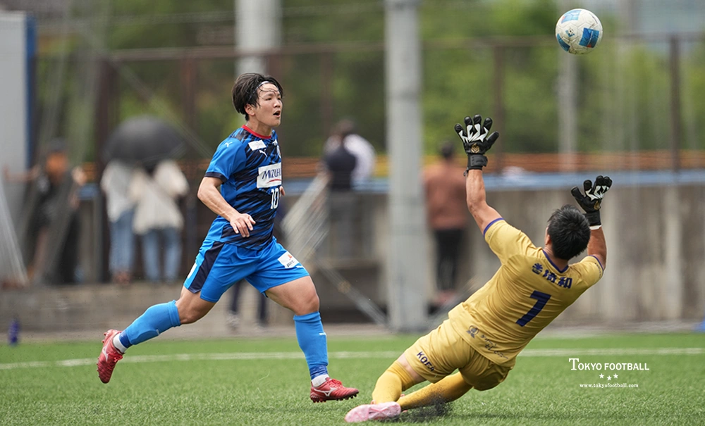 写真：前半にボールを浮かせて先制ゴールを決める東京Uの伊藤。